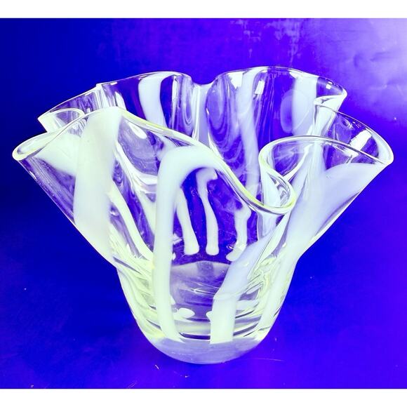Handkerchief Vase Murano Style Art Glass Ruffled Bowl Hand Blown 4.5” W/ Stripes - Picture 1 of 9